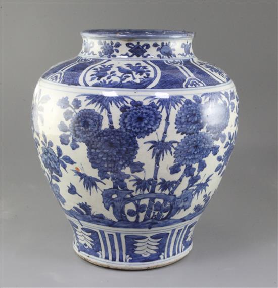 A large Chinese blue and white baluster shaped jar, Ming dynasty or later, height 36cm